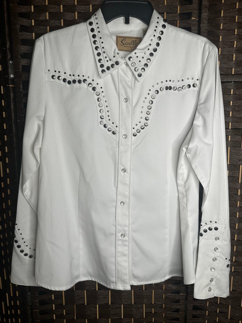 Vintage Scully PL-653 White Western Shirt Pearl Snaps Star Studs Women's Large